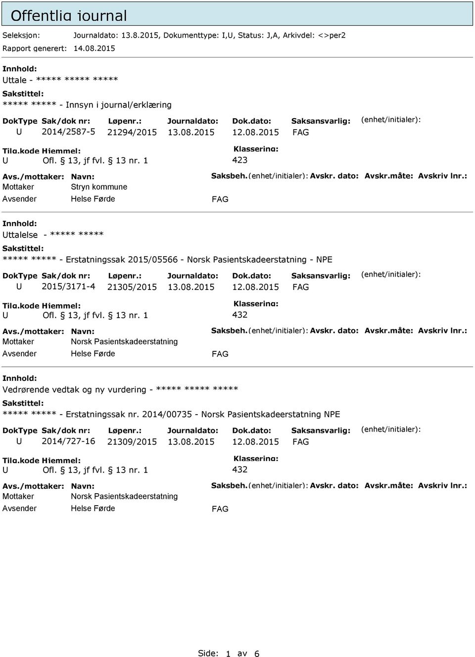 ***** ***** ***** ***** - Erstatningssak 2015/05566 - Norsk Pasientskadeerstatning - NPE 2015/3171-4 21305/2015 Vedrørende vedtak