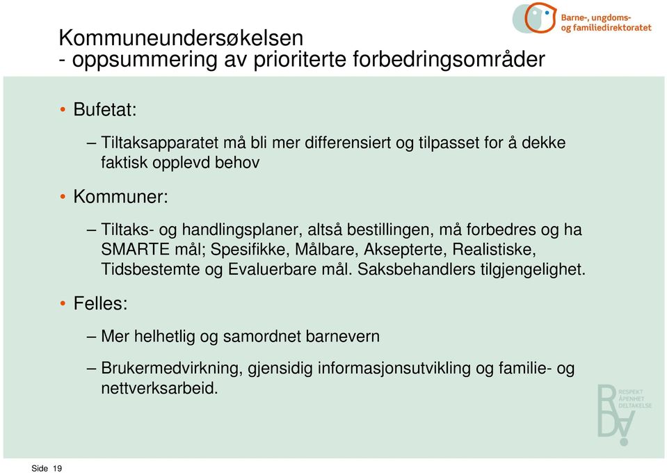 SMARTE mål; Spesifikke, Målbare, Aksepterte, Realistiske, Tidsbestemte og Evaluerbare mål. Saksbehandlers tilgjengelighet.