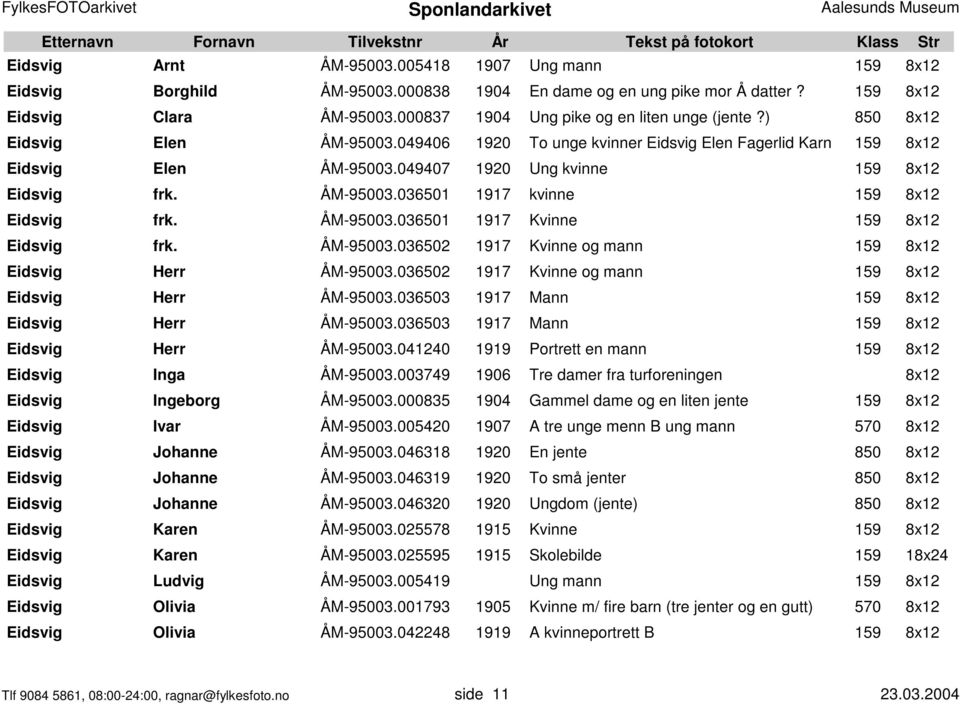 049407 1920 Ung kvinne 159 8x12 Eidsvig frk. ÅM-95003.036501 1917 kvinne 159 8x12 Eidsvig frk. ÅM-95003.036501 1917 Kvinne 159 8x12 Eidsvig frk. ÅM-95003.036502 1917 Kvinne og mann 159 8x12 Eidsvig Herr ÅM-95003.