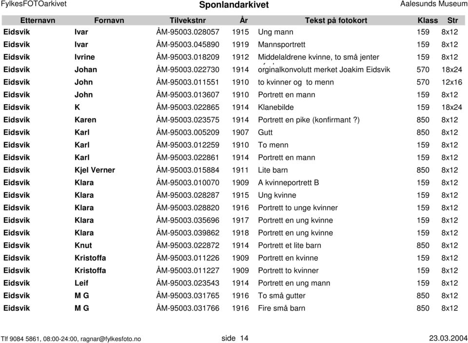 011551 1910 to kvinner og to menn 570 12x16 Eidsvik John ÅM-95003.013607 1910 Portrett en mann 159 8x12 Eidsvik K ÅM-95003.022865 1914 Klanebilde 159 18x24 Eidsvik Karen ÅM-95003.