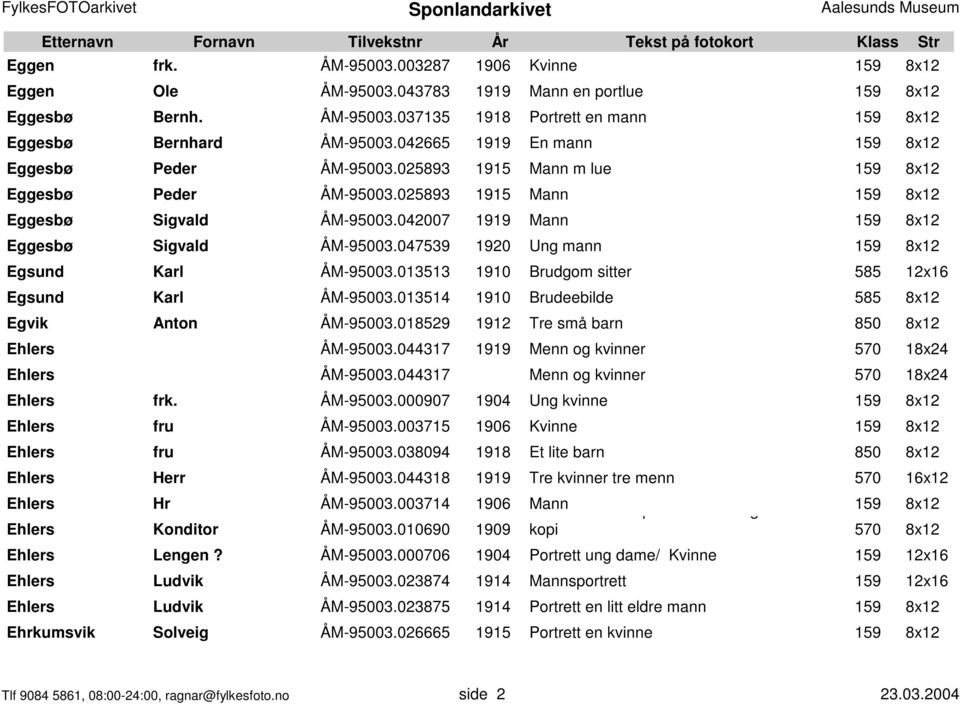042007 1919 Mann 159 8x12 Eggesbø Sigvald ÅM-95003.047539 1920 Ung mann 159 8x12 Egsund Karl ÅM-95003.013513 1910 Brudgom sitter 585 12x16 Egsund Karl ÅM-95003.