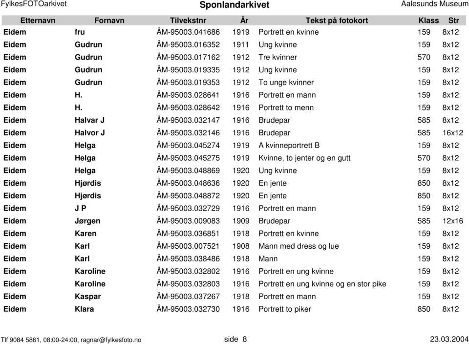 032147 1916 Brudepar 585 8x12 Eidem Halvor J ÅM-95003.032146 1916 Brudepar 585 16x12 Eidem Helga ÅM-95003.045274 1919 A kvinneportrett B 159 8x12 Eidem Helga ÅM-95003.