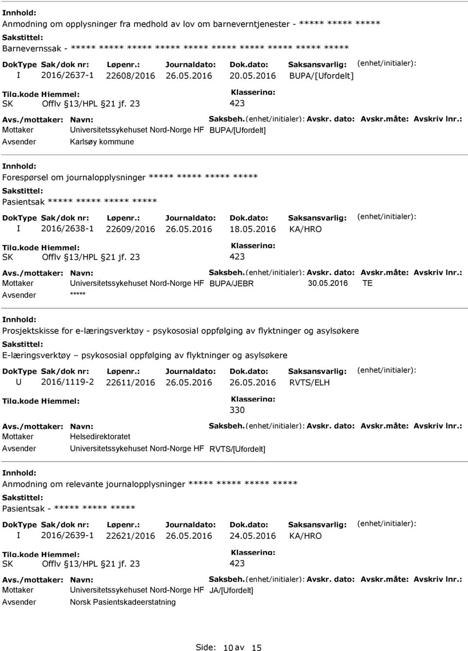 : Mottaker niversitetssykehuset Nord-Norge HF BPA/[fordelt] Karlsøy kommune Forespørsel om journalopplysninger ***** ***** ***** ***** Pasientsak ***** ***** ***** ***** 2016/2638-1 22609/2016 18.05.