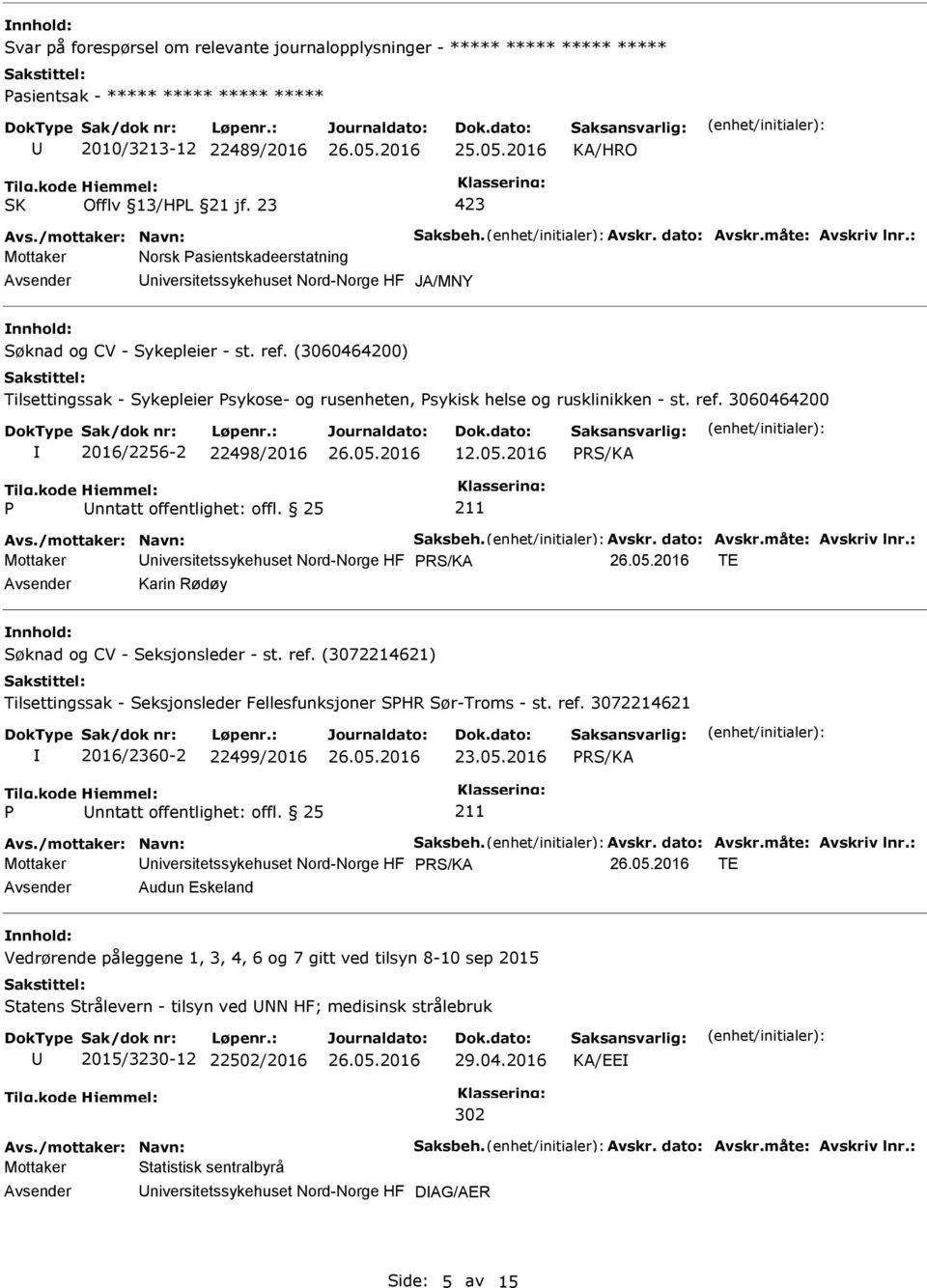 (3060464200) Tilsettingssak - Sykepleier Psykose- og rusenheten, Psykisk helse og rusklinikken - st. ref. 3060464200 2016/2256-2 22498/2016 12.05.2016 PRS/KA P nntatt offentlighet: offl. 25 211 Avs.