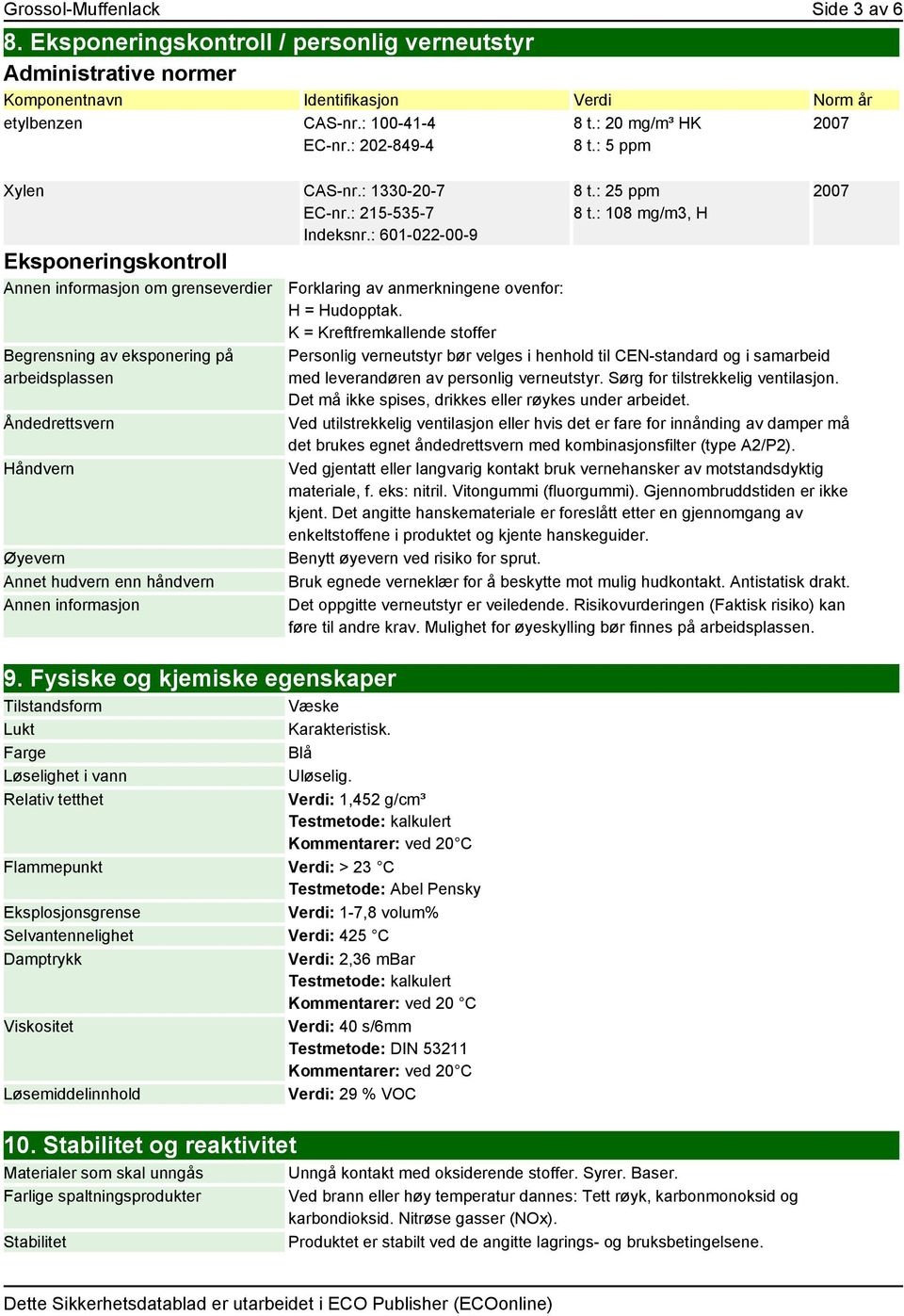 : 601-022-00-9 Eksponeringskontroll Annen informasjon om grenseverdier Begrensning av eksponering på arbeidsplassen Åndedrettsvern Håndvern Øyevern Annet hudvern enn håndvern Annen informasjon 9.