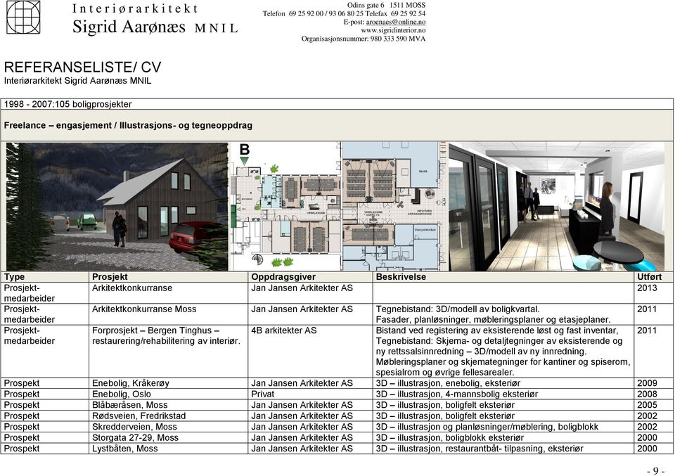 Prosjektmedarbeider Forprosjekt Bergen Tinghus 4B arkitekter Bistand ved registering av eksisterende løst og fast inventar, 2011 restaurering/rehabilitering av interiør.