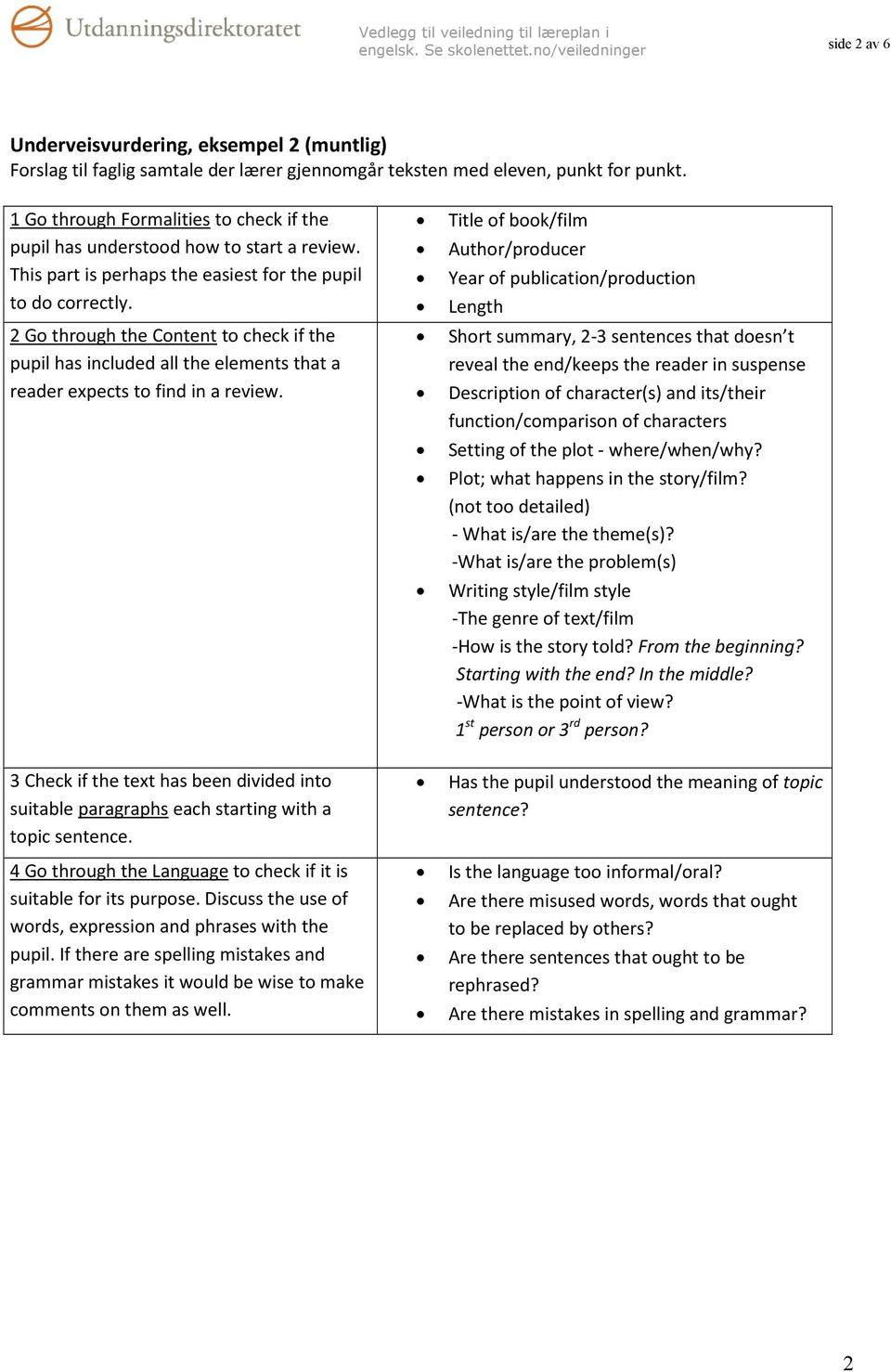 2 Go through the Content to check if the pupil has included all the elements that a reader expects to find in a review.