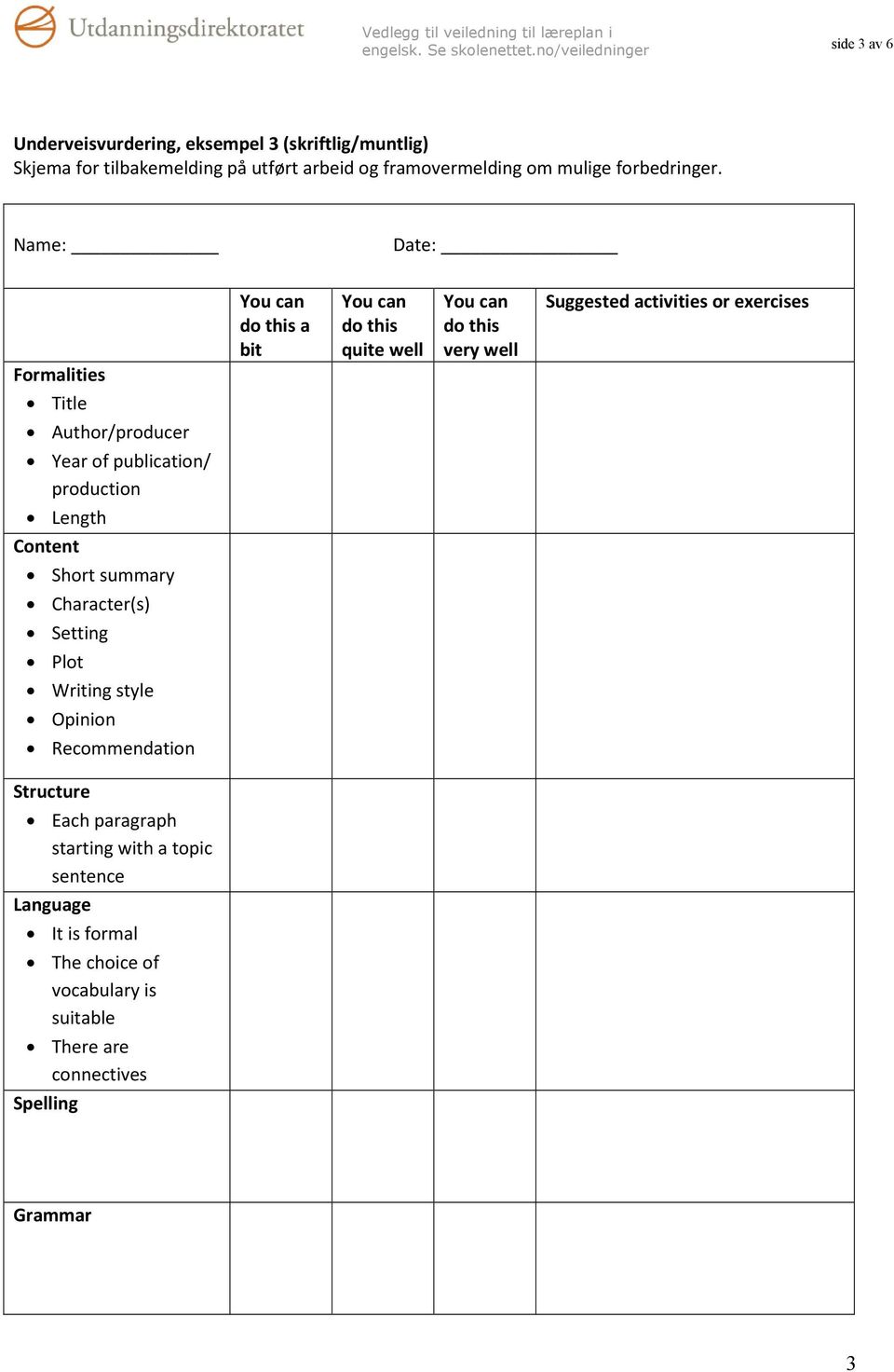 Name: Date: Formalities You can do this a bit You can do this quite well You can do this very well Suggested activities or exercises Title