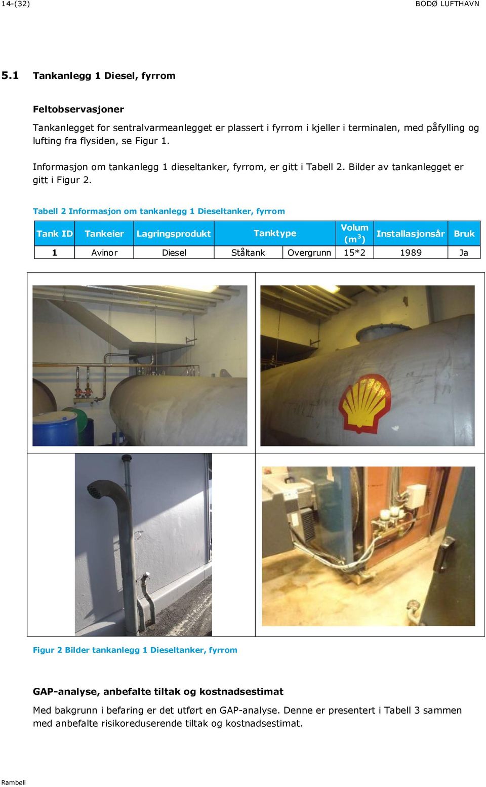 Informasjon om tankanlegg 1 dieseltanker, fyrrom, er gitt i Tabell 2. Bilder av tankanlegget er gitt i Figur 2.