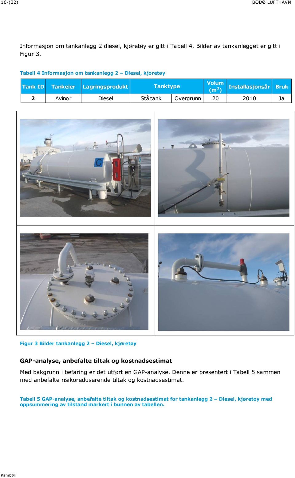 Bruk Figur 3 Bilder tankanlegg 2 Diesel, kjøretøy GAP-analyse, anbefalte tiltak og kostnadsestimat Med bakgrunn i befaring er det utført en GAP-analyse.