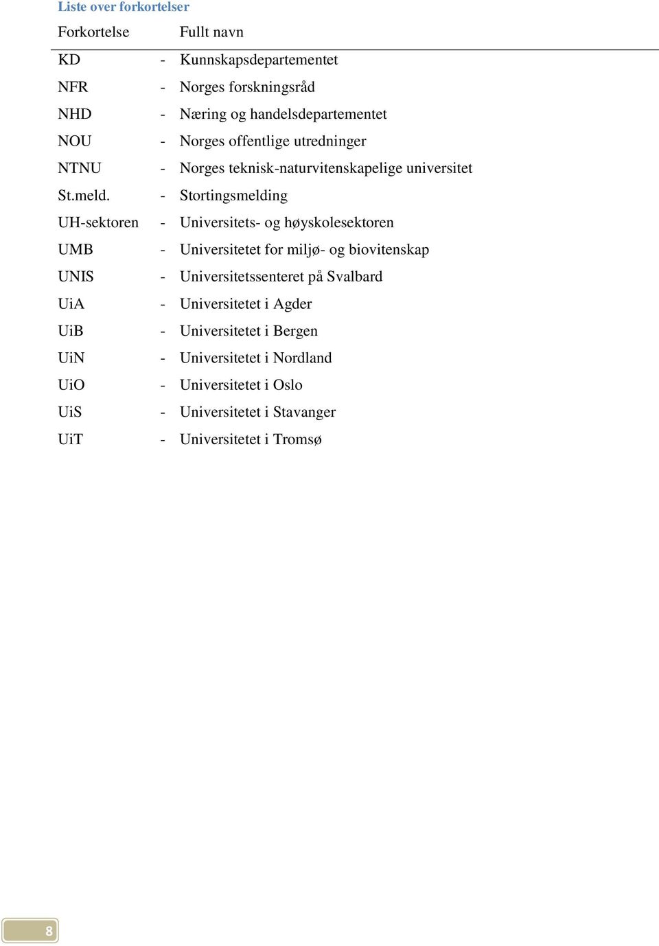 - Stortingsmelding UH-sektoren - Universitets- og høyskolesektoren UMB - Universitetet for miljø- og biovitenskap UNIS - Universitetssenteret