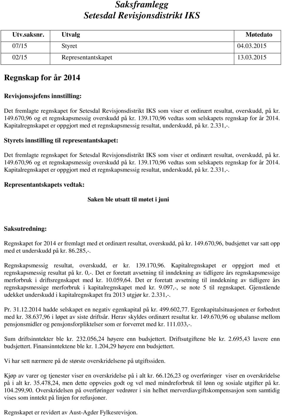 2015 Regnskap for år 2014 Revisjonssjefens innstilling: Det fremlagte regnskapet for Setesdal Revisjonsdistrikt IKS som viser et ordinært resultat, overskudd, på kr. 149.
