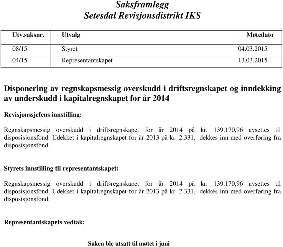 2015 Disponering av regnskapsmessig overskudd i driftsregnskapet og inndekking av underskudd i kapitalregnskapet for år 2014 Revisjonssjefens innstilling: Regnskapsmessig overskudd i driftsregnskapet