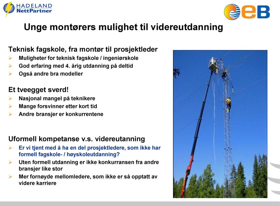 Nasjonal mangel på teknikere Mange forsvinner etter kort tid Andre bransjer er konkurrentene Uformell kompetanse v.s. videreutanning Er vi tjent med å ha en del prosjektledere, som ikke har formell fagskole- / høyskoleutdanning?