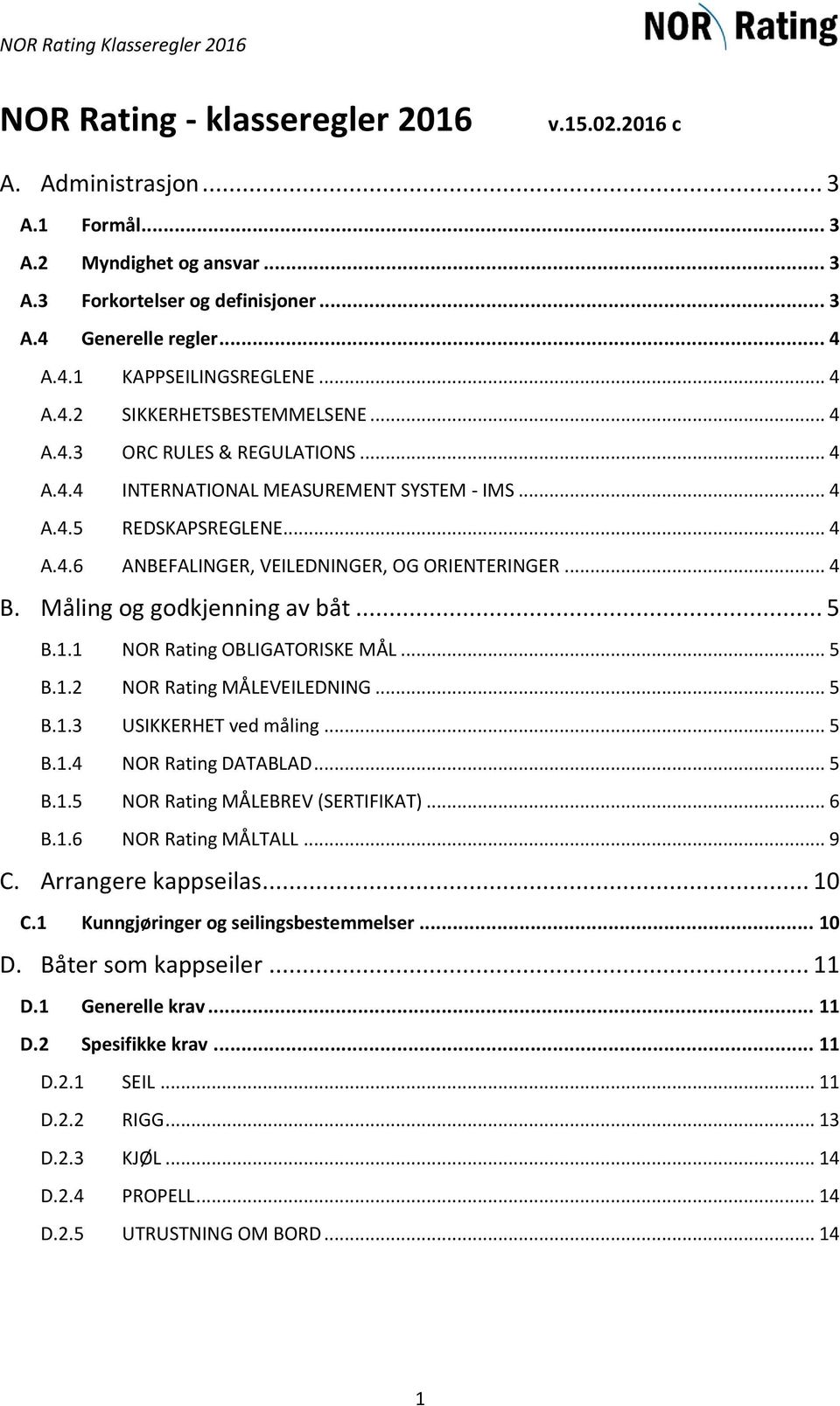 .. 4 B. Måling og godkjenning av båt... 5 B.1.1 NOR Rating OBLIGATORISKE MÅL... 5 B.1.2 NOR Rating MÅLEVEILEDNING... 5 B.1.3 USIKKERHET ved måling... 5 B.1.4 NOR Rating DATABLAD... 5 B.1.5 NOR Rating MÅLEBREV (SERTIFIKAT).