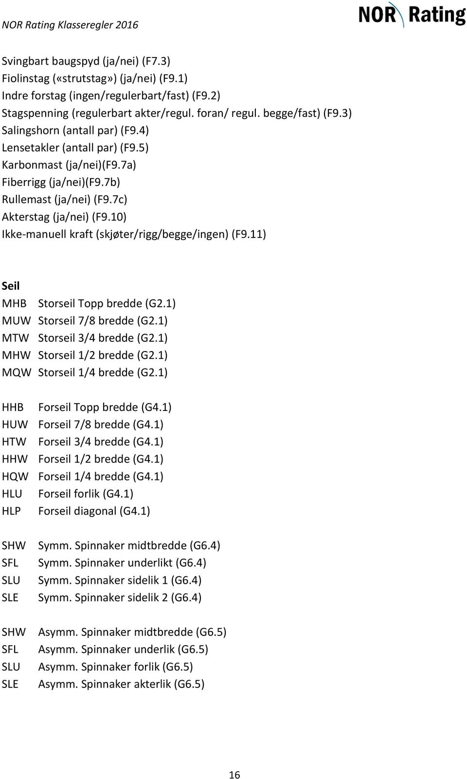 10) Ikke-manuell kraft (skjøter/rigg/begge/ingen) (F9.11) Seil MHB Storseil Topp bredde (G2.1) MUW Storseil 7/8 bredde (G2.1) MTW Storseil 3/4 bredde (G2.1) MHW Storseil 1/2 bredde (G2.