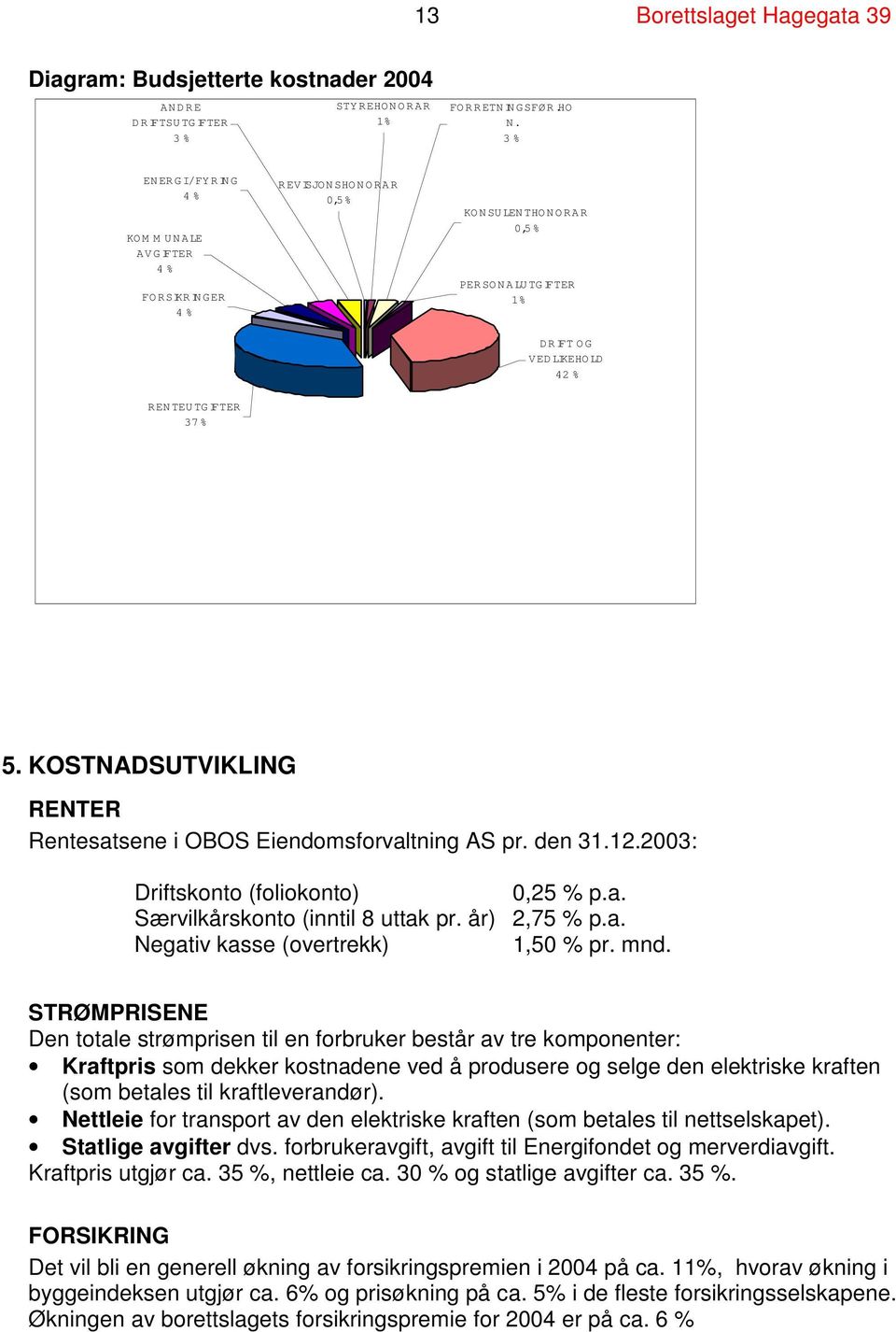 KOSTNADSUTVIKLING RENTER Rentesatsene i OBOS Eiendomsforvaltning AS pr. den 31.12.2003: Driftskonto (foliokonto) 0,25 % p.a. Særvilkårskonto (inntil 8 uttak pr. år) 2,75 % p.a. Negativ kasse (overtrekk) 1,50 % pr.