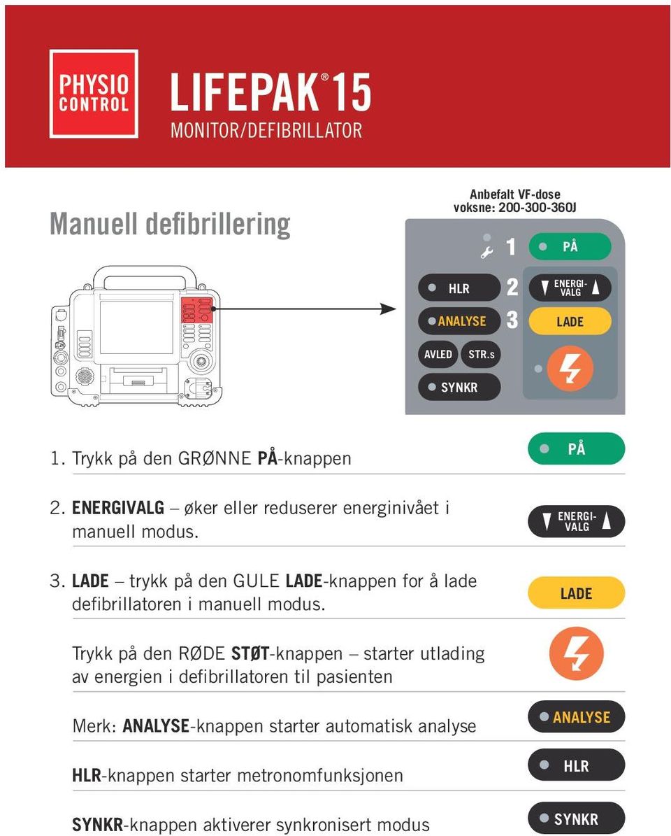 LADE trykk på den GULE LADE-knappen for å lade defibrillatoren i manuell modus.