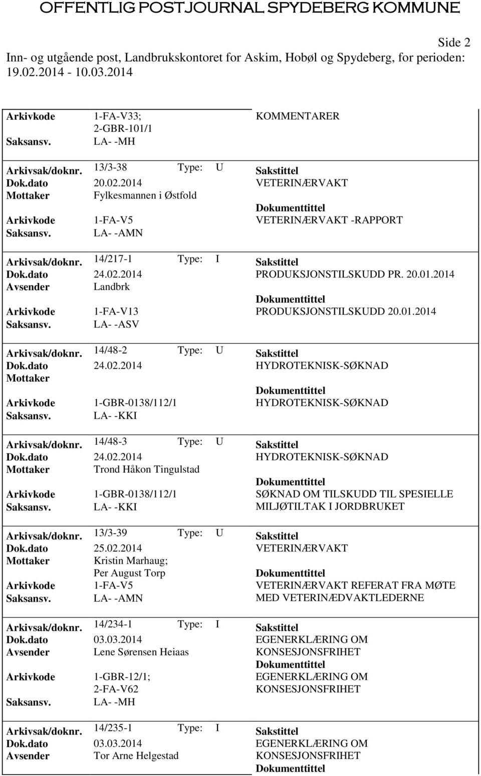 14/48-3 Type: U Sakstittel Dok.dato 24.02.2014 HYDROTEKNISK-SØKNAD Mottaker Trond Håkon Tingulstad 1-GBR-0138/112/1 SØKNAD OM TILSKUDD TIL SPESIELLE LA- -KKI MILJØTILTAK I JORDBRUKET Arkivsak/doknr.