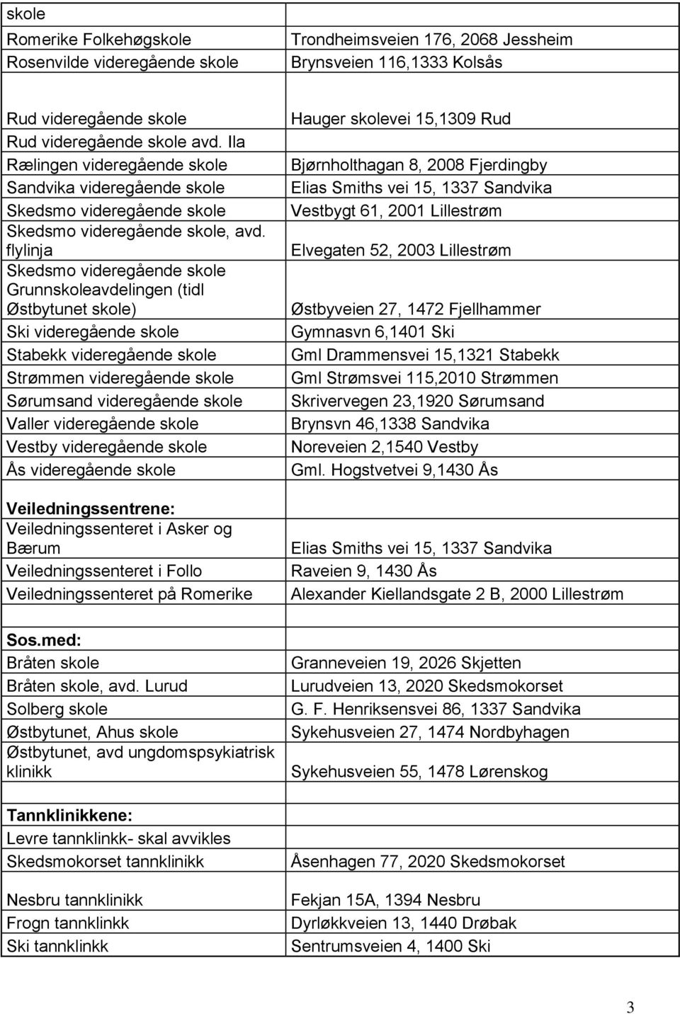 flylinja Skedsmo videregående skole Grunnskoleavdelingen (tidl Østbytunet skole) Ski videregående skole Stabekk videregående skole Strømmen videregående skole Sørumsand videregående skole Valler