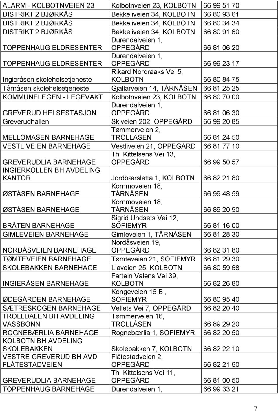 Nordraaks Vei 5, KOLBOTN 66 80 84 75 Tårnåsen skolehelsetjeneste Gjallarveien 14, TÅRNÅSEN 66 81 25 25 KOMMUNELEGEN - LEGEVAKT Kolbotnveien 23, KOLBOTN 66 80 70 00 GREVERUD HELSESTASJON Durendalveien