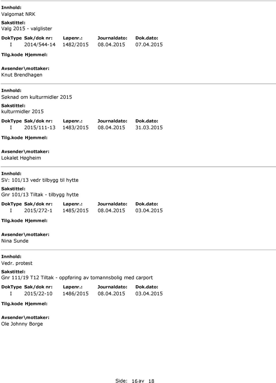 Tiltak - tilbygg hytte 2015/272-1 1485/2015 03.04.2015 Nina Sunde Vedr.