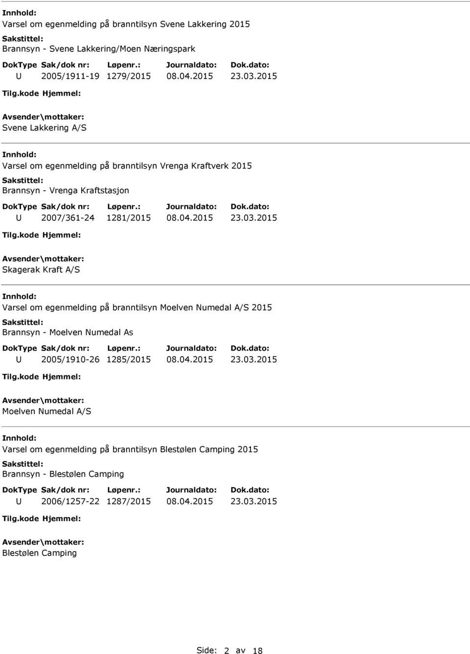 Kraft A/S Varsel om egenmelding på branntilsyn Moelven Numedal A/S 2015 Brannsyn - Moelven Numedal As 2005/1910-26 1285/2015 Moelven