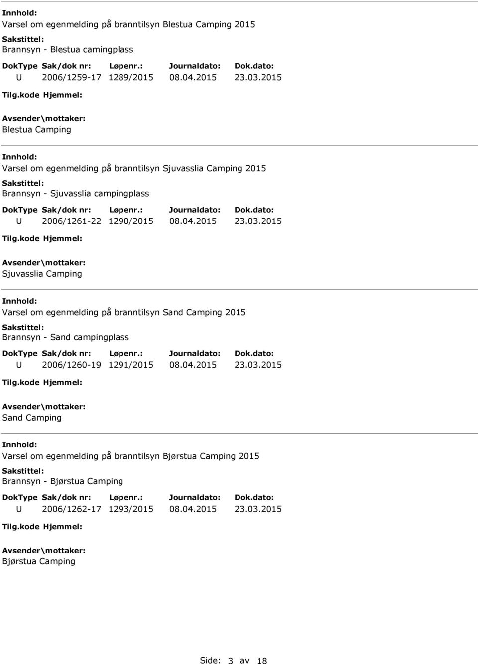 Camping Varsel om egenmelding på branntilsyn Sand Camping 2015 Brannsyn - Sand campingplass 2006/1260-19 1291/2015 Sand Camping