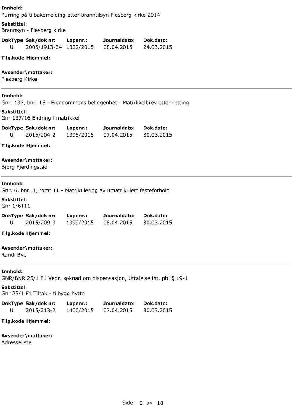 2015 Bjørg Fjerdingstad Gnr. 6, bnr. 1, tomt 11 - Matrikulering av umatrikulert festeforhold Gnr 1/6T11 2015/209-3 1399/2015 30.03.