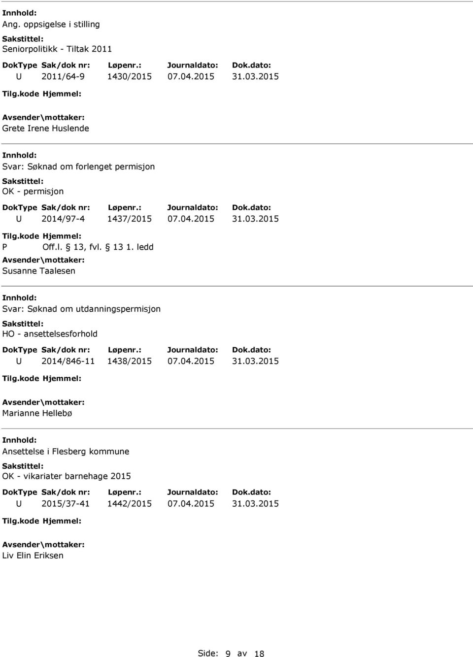 ledd Susanne Taalesen Svar: Søknad om utdanningspermisjon HO - ansettelsesforhold 2014/846-11 1438/2015