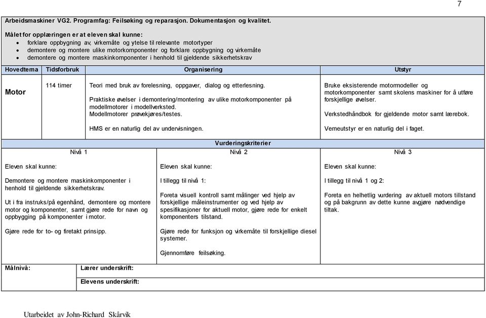 Praktiske øvelser i demontering/montering av ulike motorkomponenter på modellmotorer i modellverksted. Modellmotorer prøvekjøres/testes. HMS er en naturlig del av undervisningen.