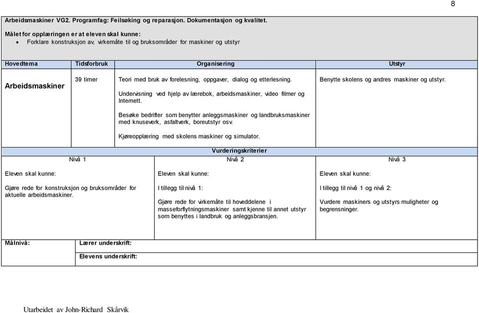 Benytte skolens og andres maskiner og utstyr. Kjøreopplæring med skolens maskiner og simulator. Gjøre rede for konstruksjon og bruksområder for aktuelle arbeidsmaskiner.