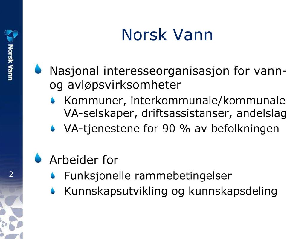 driftsassistanser, andelslag VA-tjenestene for 90 % av befolkningen