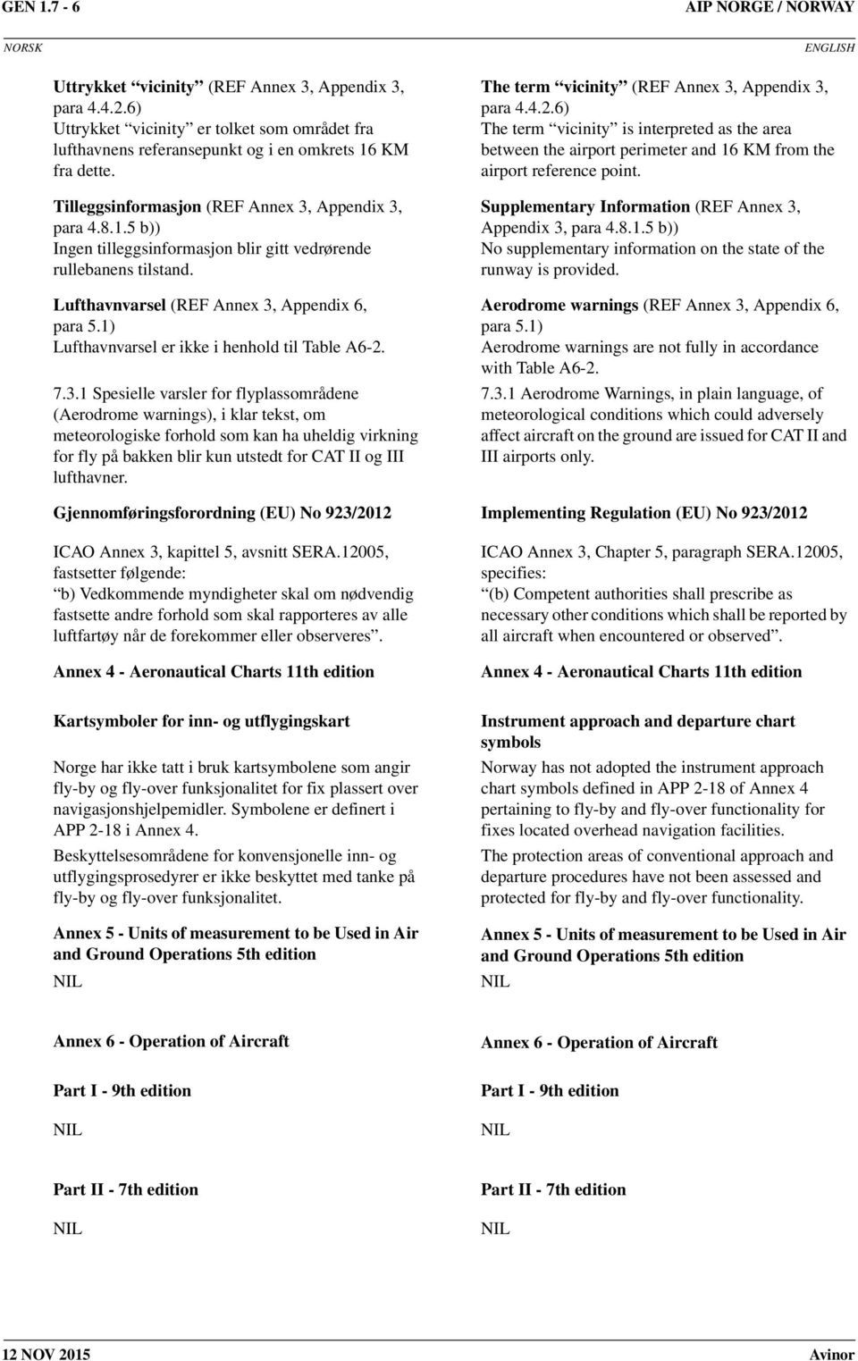 1) Lufthavnvarsel er ikke i henhold til Table A6-2. 7.3.