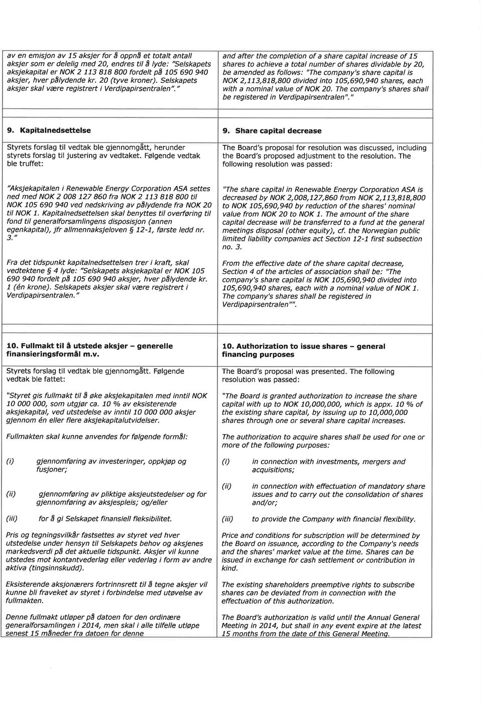 " and after the completion of a share capital increase of 75 shares to achieve a total number of shares dividable by 20, be amended as follows: "The company's share capital s NOK 2,113,818,800