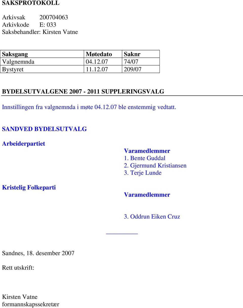 SANDVED BYDELSUTVALG Arbeiderpartiet Kristelig Folkeparti Varamedlemmer 1. Bente Guddal 2. Gjermund Kristiansen 3.