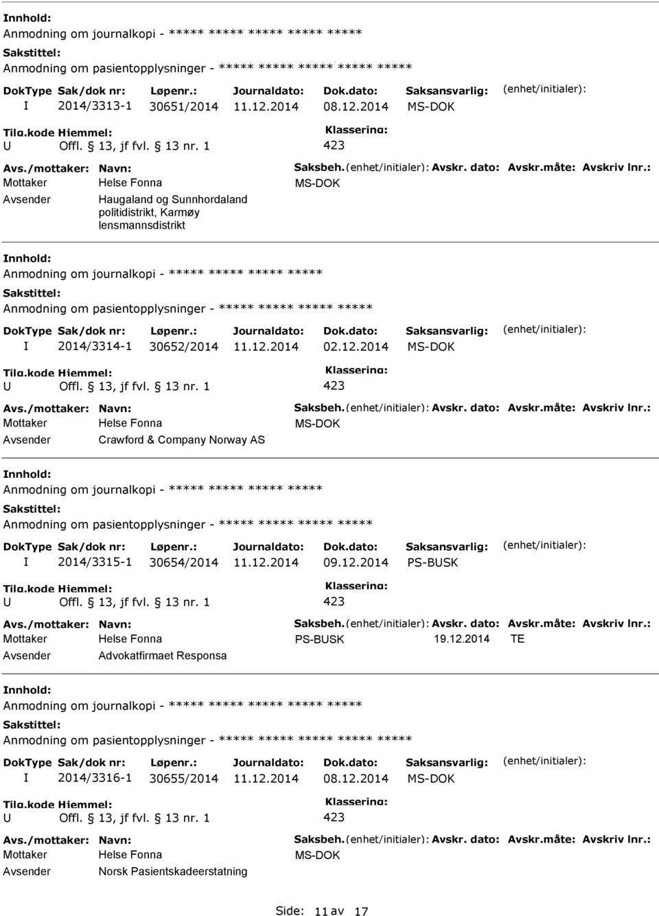 dato: Avskr.måte: Avskriv lnr.: Crawford & Company Norway AS Anmodning om journalkopi - ***** ***** ***** ***** 2014/3315-1 30654/2014 S-BSK Avs./mottaker: Navn: Saksbeh. Avskr. dato: Avskr.