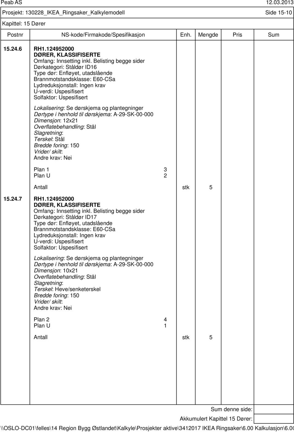 1 3 Plan U 2 Antall stk 5 15.24.7 RH1.