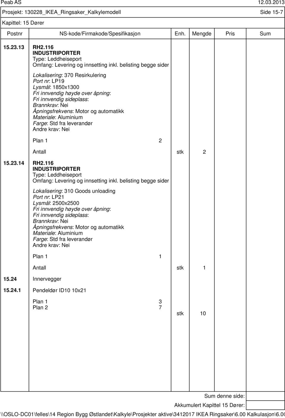 automatikk Materiale: Aluminium Farge: Std fra leverandør Plan 1 2 Antall stk 2 15.23.14 RH2.