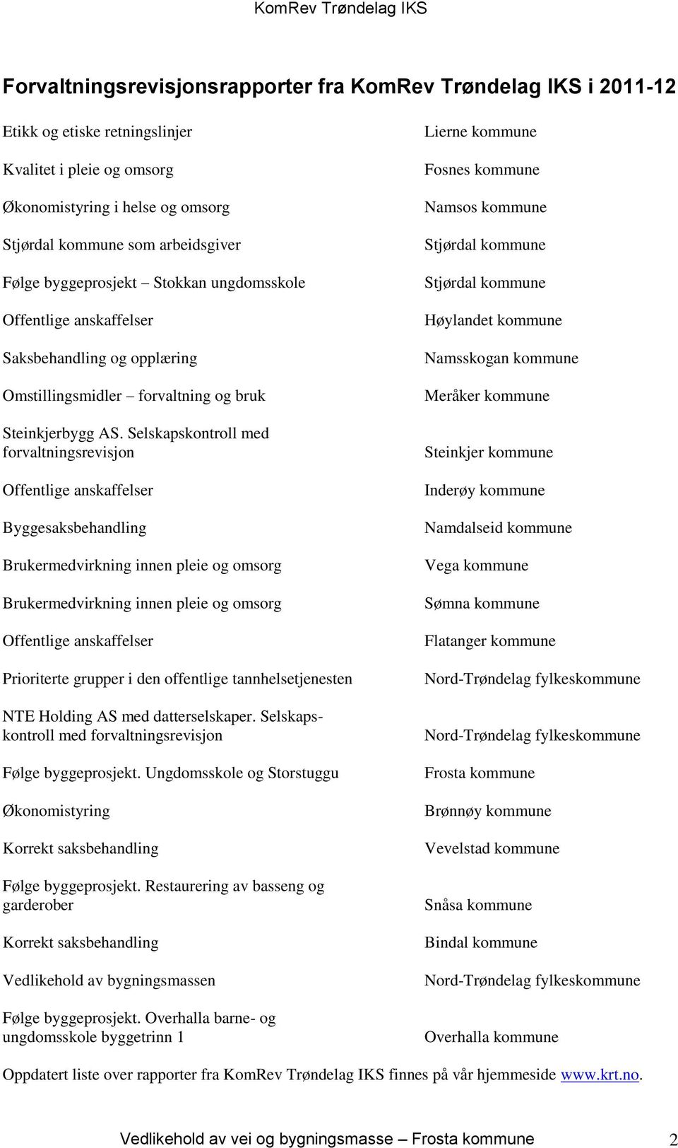 Selskapskontroll med forvaltningsrevisjon Offentlige anskaffelser Byggesaksbehandling Brukermedvirkning innen pleie og omsorg Brukermedvirkning innen pleie og omsorg Offentlige anskaffelser