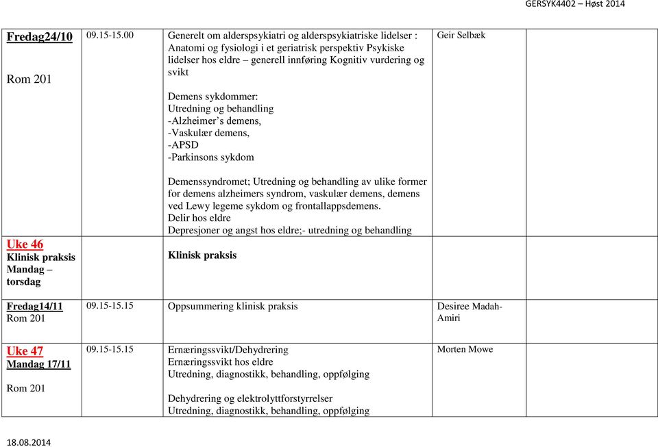 sykdommer: Utredning og behandling -Alzheimer s demens, -Vaskulær demens, -APSD -Parkinsons sykdom Demenssyndromet; Utredning og behandling av ulike former for demens alzheimers syndrom, vaskulær