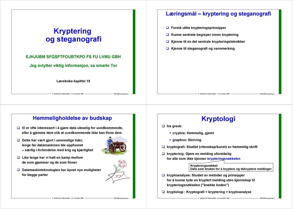 budskap Vi er ofte interessert i å gjøre data uleselig for uvedkommende, eller å gjemme dem slik at uvedkommende ikke kan finne dem Dette har vært gjort i uminnelige tider, lenge før datamaskinen ble