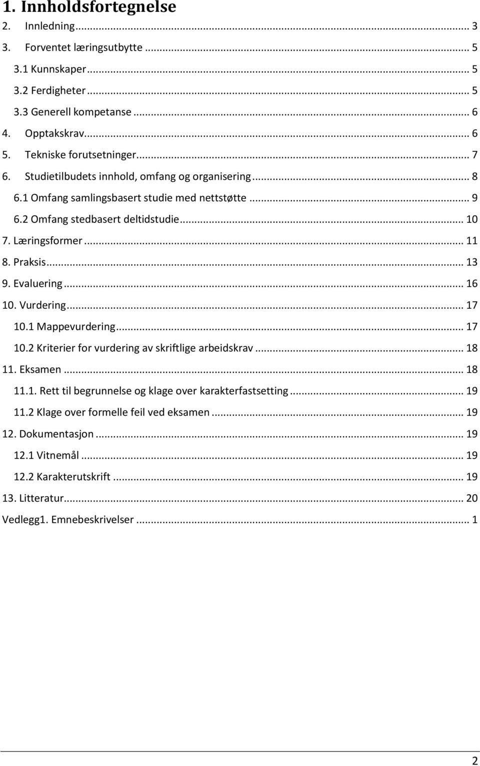 .. 13 9. Evaluering... 16 10. Vurdering... 17 10.1 Mappevurdering... 17 10.2 Kriterier for vurdering av skriftlige arbeidskrav... 18 11. Eksamen... 18 11.1. Rett til begrunnelse og klage over karakterfastsetting.