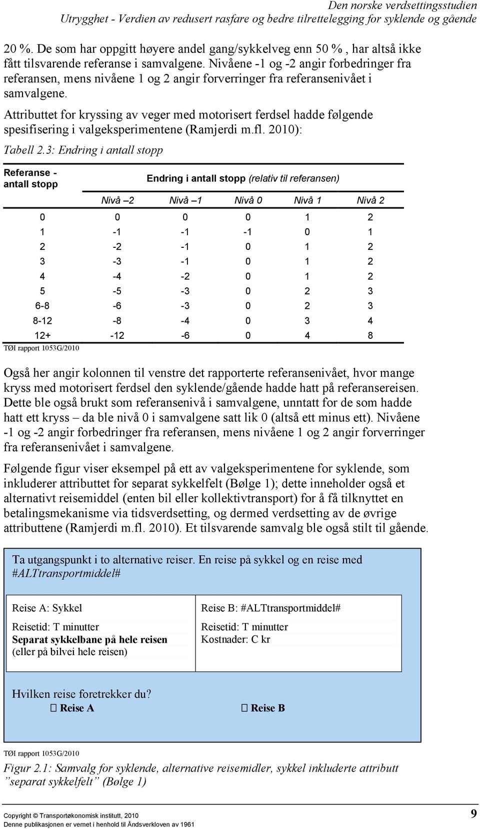 Attributtet for kryssing av veger med motorisert ferdsel hadde følgende spesifisering i valgeksperimentene (Ramjerdi m.fl. 2010): Tabell 2.