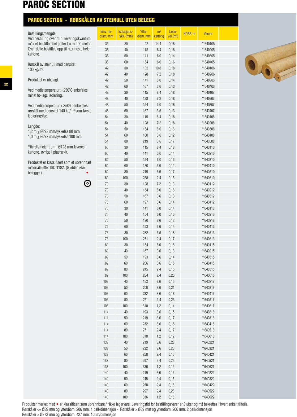 Ved medietemperatur > 350 0 C anbefales rørskål med densitet 140 kg/m 3 som første isoleringslag. Lengde: 1,2 m < Ø273 /tykkelse 80 1,0 m > Ø273 /tykkelse 100 Ytterdiameter t.o.m. Ø128 leveres i kartong, øvrige i plastsekk.