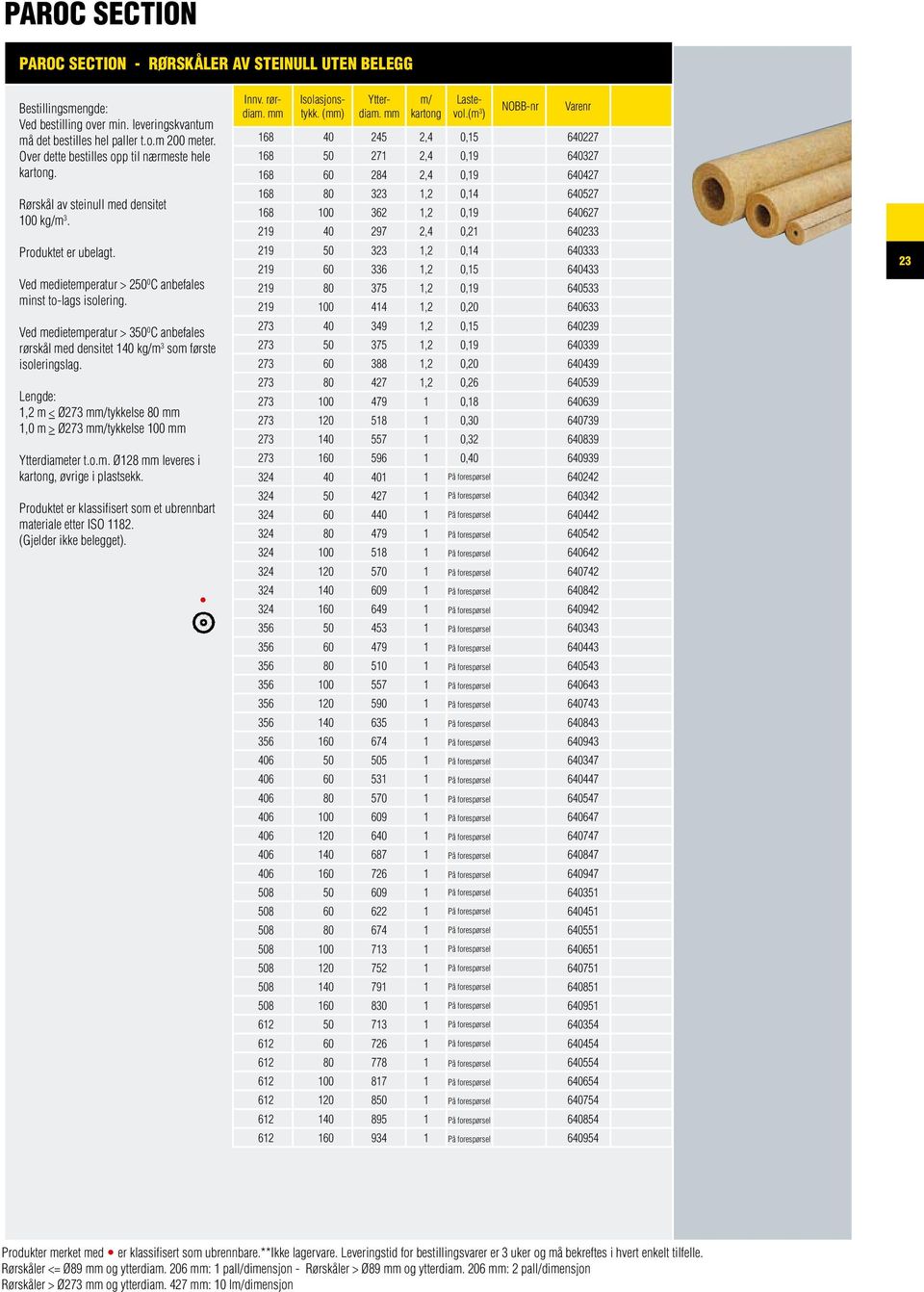 Ved medietemperatur > 350 0 C anbefales rørskål med densitet 140 kg/m 3 som første isoleringslag. Lengde: 1,2 m < Ø273 /tykkelse 80 1,0 m > Ø273 /tykkelse 100 Ytterdiameter t.o.m. Ø128 leveres i kartong, øvrige i plastsekk.