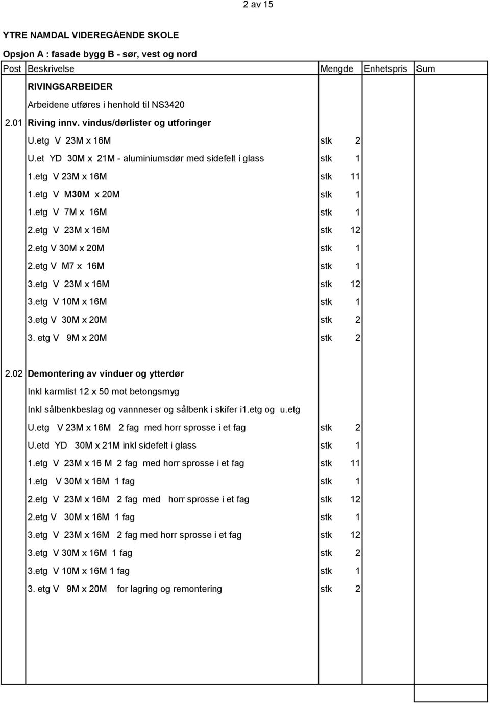 etg V 30M x 20M stk 2 3. etg V 9M x 20M stk 2 2.02 Demontering av vinduer og ytterdør Inkl karmlist 12 x 50 mot betongsmyg Inkl sålbenkbeslag og vannneser og sålbenk i skifer i1.etg og u.etg U.