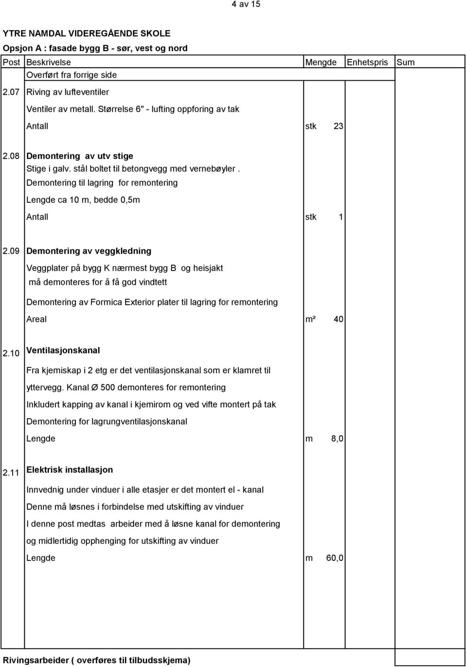 09 Demontering av veggkledning Veggplater på bygg K nærmest bygg B og heisjakt må demonteres for å få god vindtett Demontering av Formica Exterior plater til lagring for remontering Areal m² 40 2.