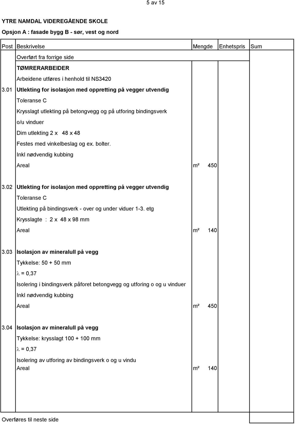 ex. bolter. Inkl nødvendig kubbing Areal m² 450 3.02 Utlekting for isolasjon med oppretting på vegger utvendig Toleranse C Utlekting på bindingsverk - over og under viduer 1-3.
