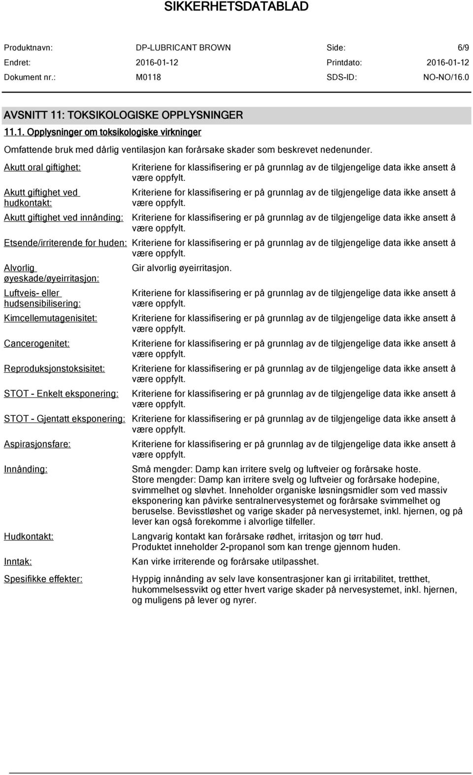 Kimcellemutagenisitet: Cancerogenitet: Reproduksjonstoksisitet: STOT - Enkelt eksponering: Gir alvorlig øyeirritasjon.